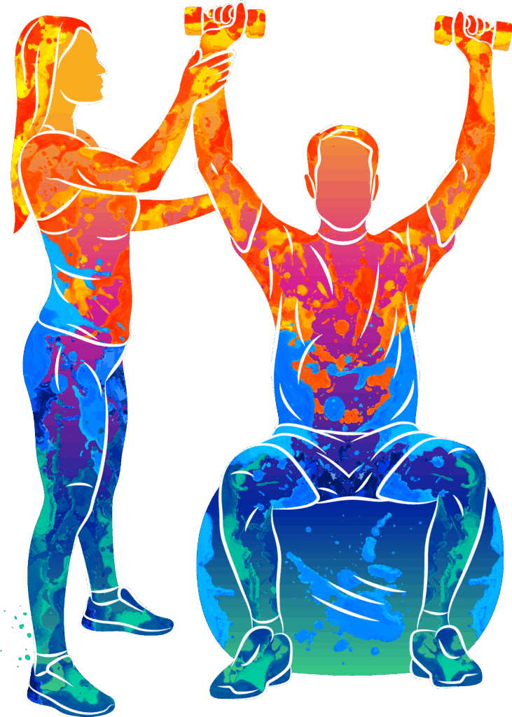 Silhouette of a physiotherapist helping her patient balance while doing an exercise