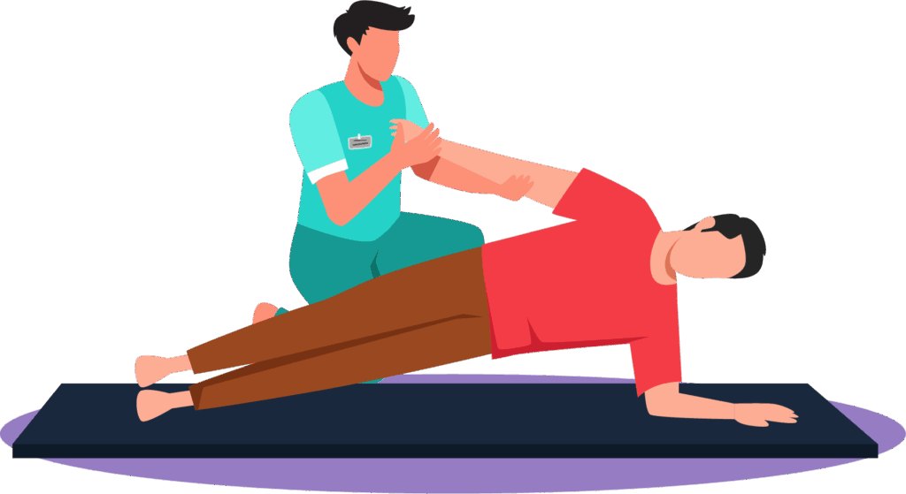 graphic of a physiotherapist helping patient do a side plank on a yoga mat