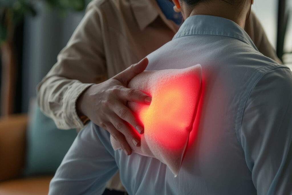 Man holding a warm heating pad to his friend's upper back