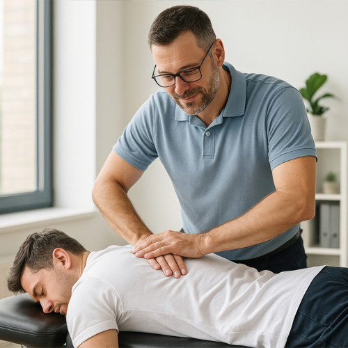 Physical therapist using manual therapy on patient’s upper back